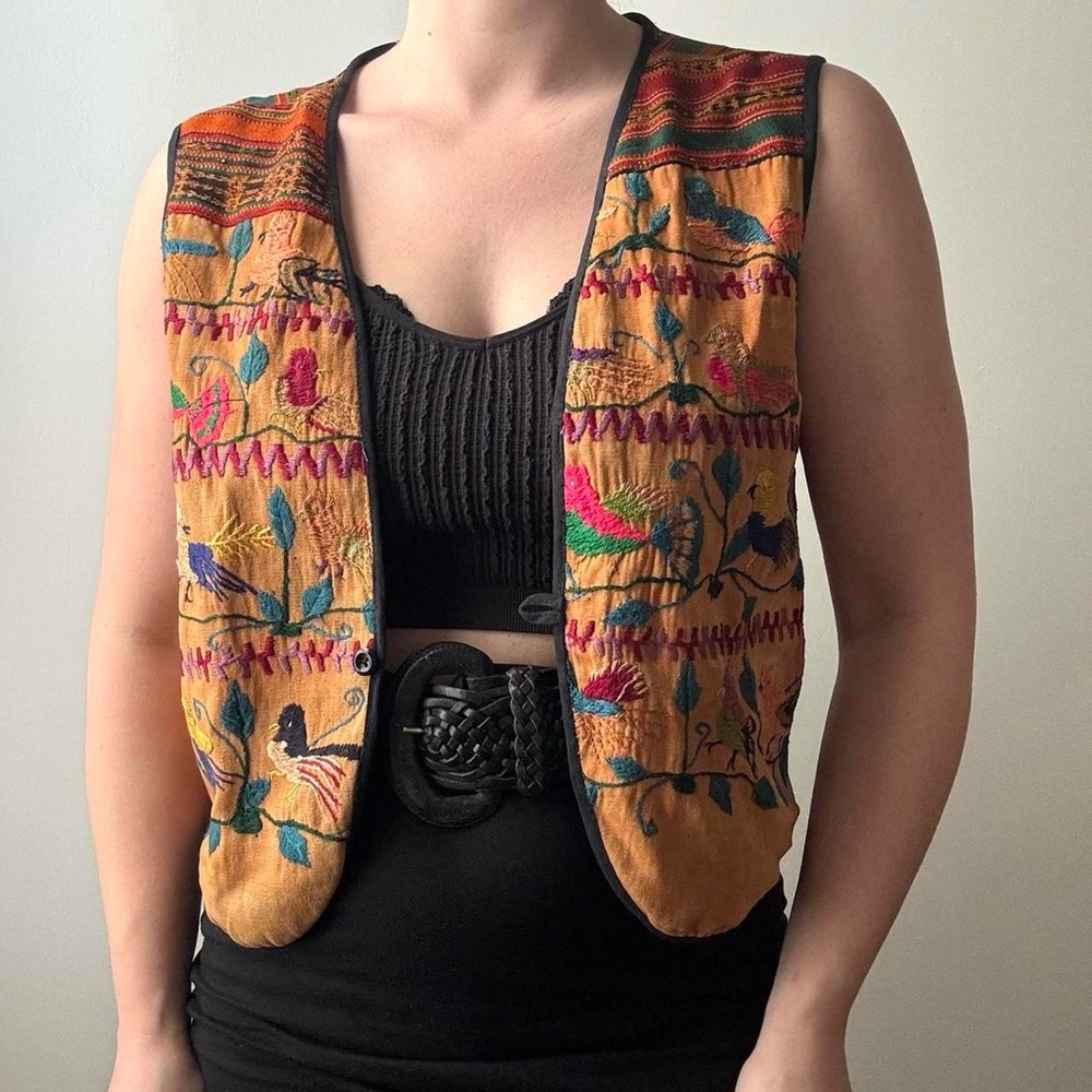 90’s vintage handmade in Guatemala multicolored embroidered birds woven vest